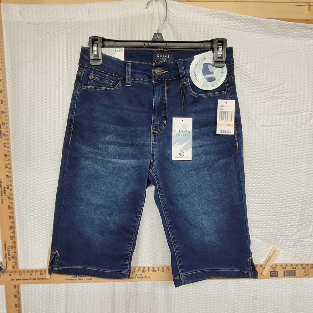 Curve Appeal Womens Tummy Tucking Bermuda Denim Shorts Dark Wash Blue 2/26